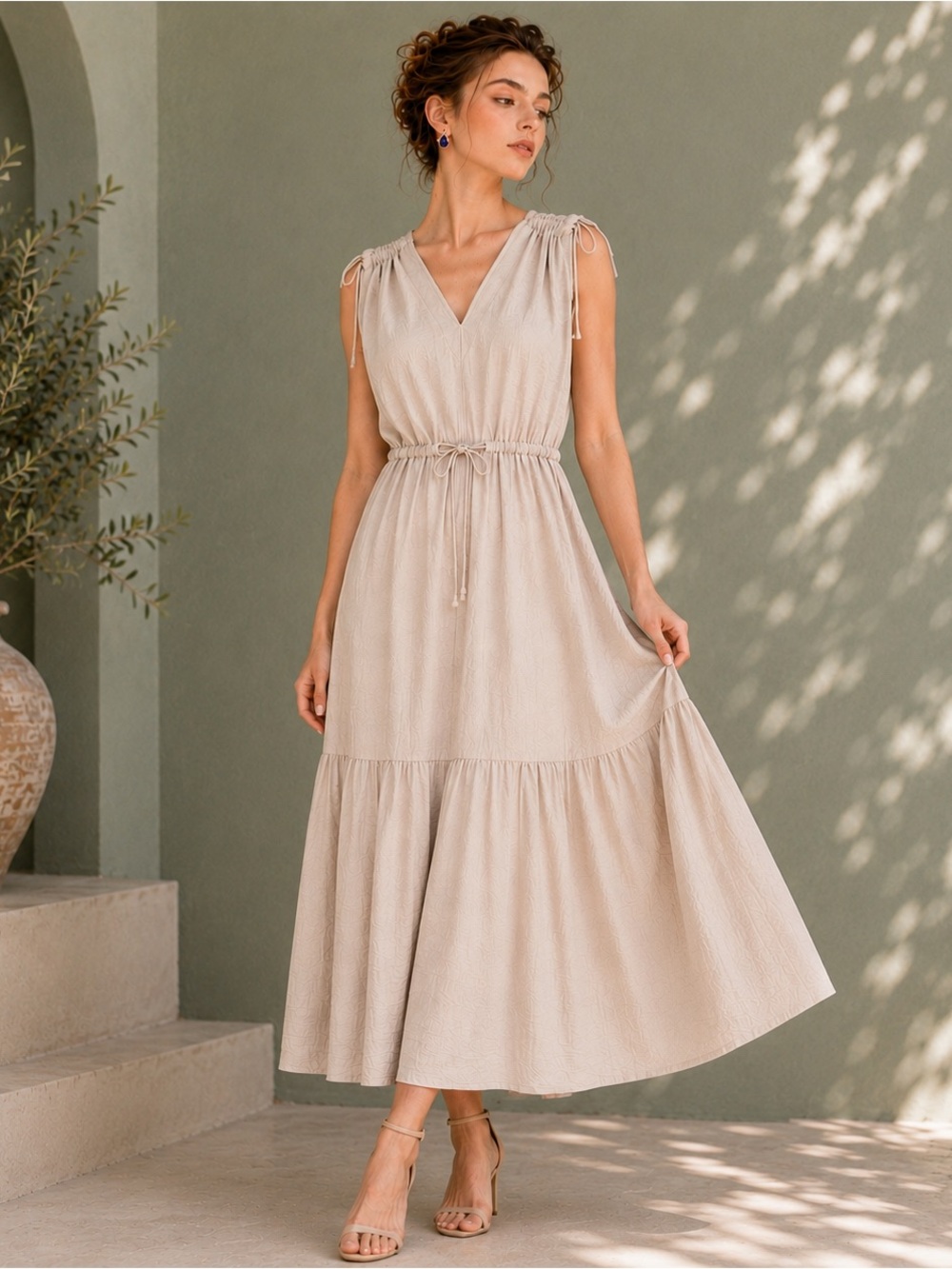 Sleeveless V-Neck Tiered Maxi Dress in Light Beige - Picture 3 of 7